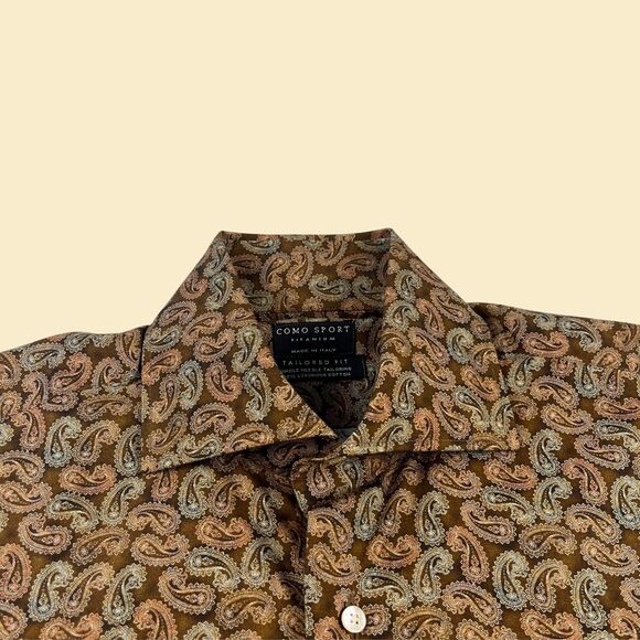 90s paisley mens Italian dress shirt by Como Sport Titanium, size S brown/pink - Picture 2 of 10